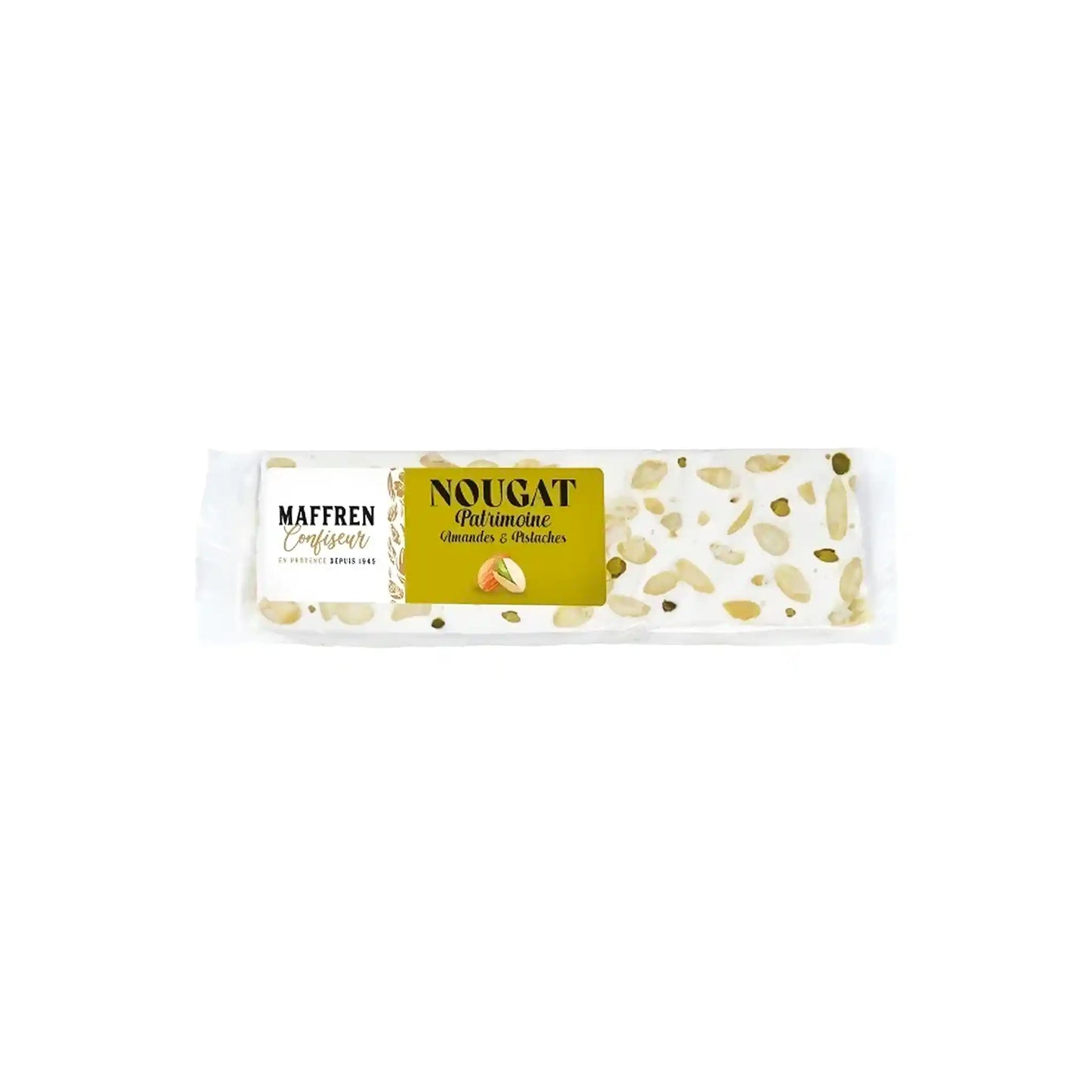 Maffren Nougat Patrimoine with almonds and pistachios, white nougat bar with gold and black label.
