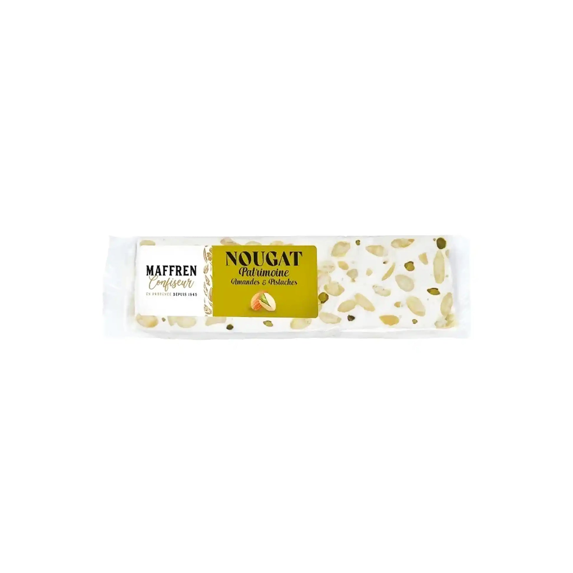 Maffren Nougat Patrimoine with almonds and pistachios, white nougat bar with gold and black label.