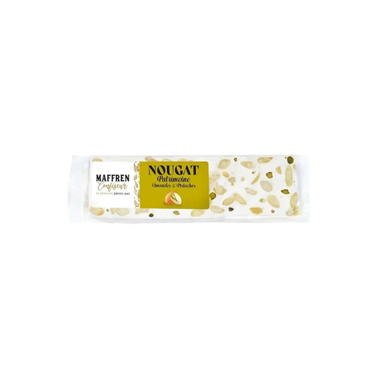 Maffren Nougat Patrimoine with almonds and pistachios, white nougat bar with gold and black label.
