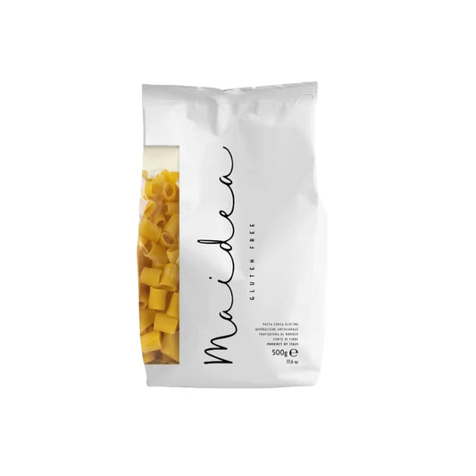 Maidea gluten-free maniche rigate pasta in a white 500g bag with a clear window showing the tube-shaped noodles.