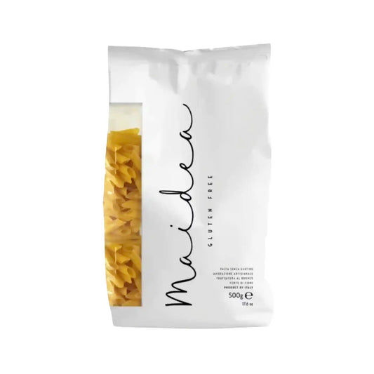 Maidea gluten-free penne rigate Italian pasta, artisan bronze die, 500g white minimalist package.