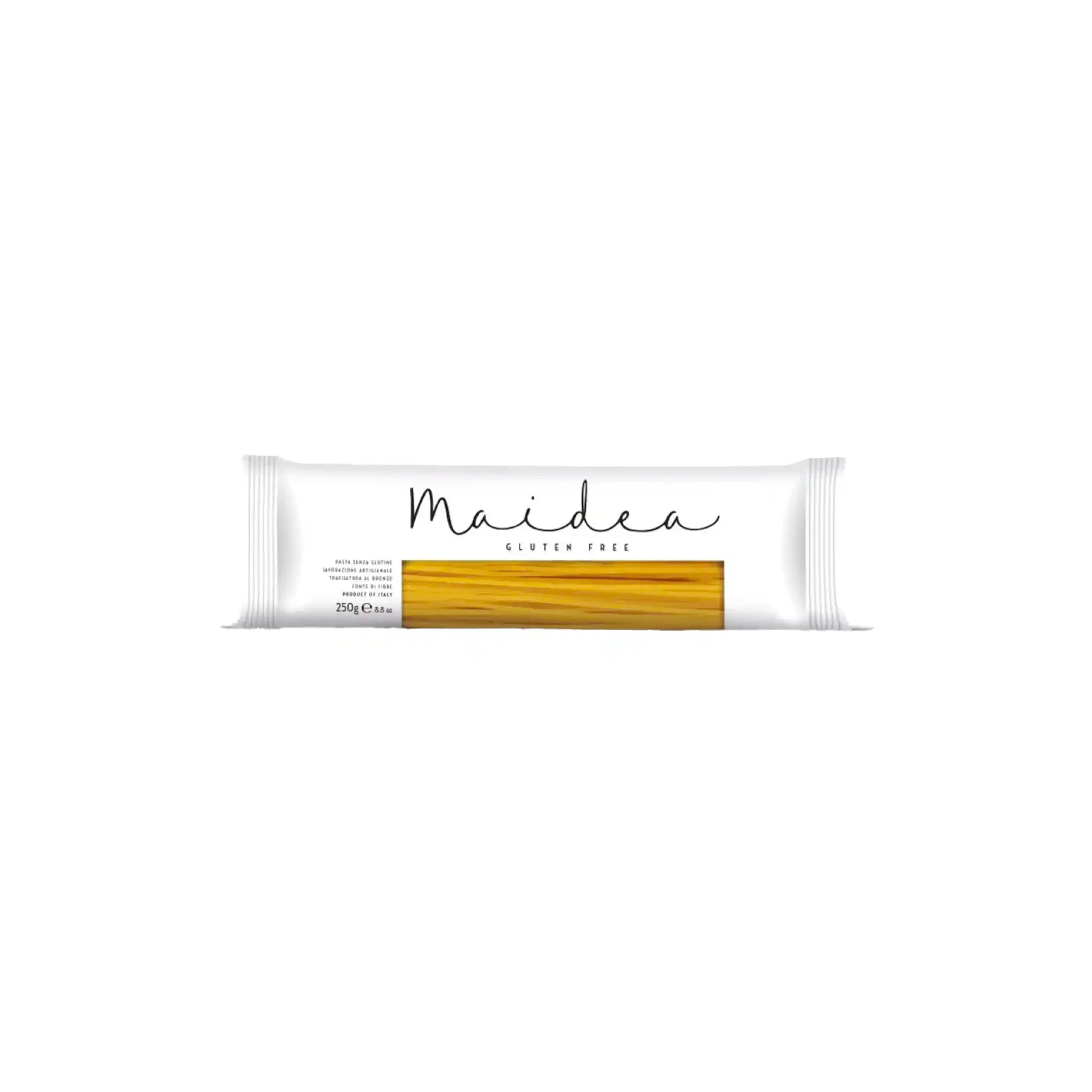 Maidea gluten-free spaghetti pasta 250g in white packaging with a clear window showing dried spaghetti noodles.