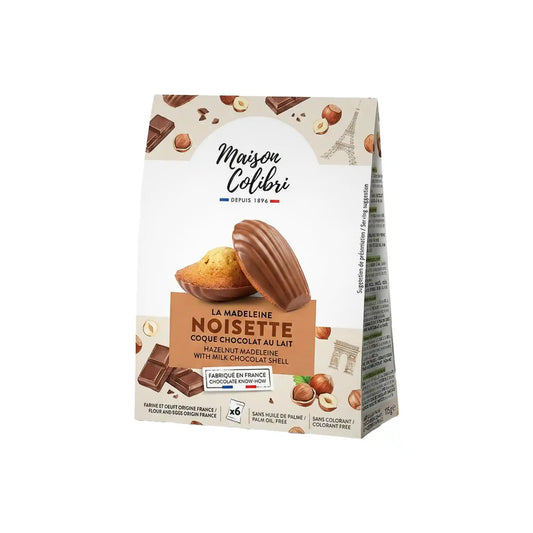 Maison Colibri hazelnut madeleine with milk chocolate shell 156g in triangular French bakery box.