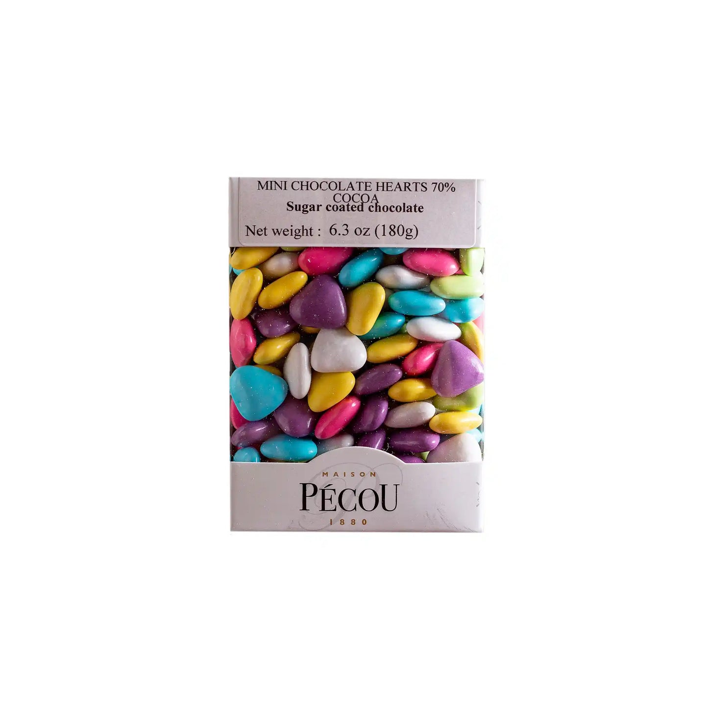 Maison Pecou 70% cocoa mini chocolate hearts with colorful sugar coating in a 180g box.