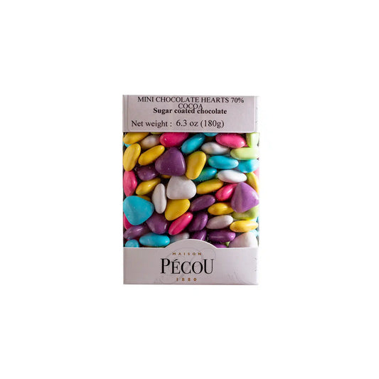 Maison Pecou 70% cocoa mini chocolate hearts with colorful sugar coating in a 180g box.