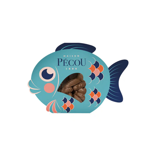 Maison Pecou dark chocolate fish in a blue fish-shaped gift box with coral accents, 120g.
