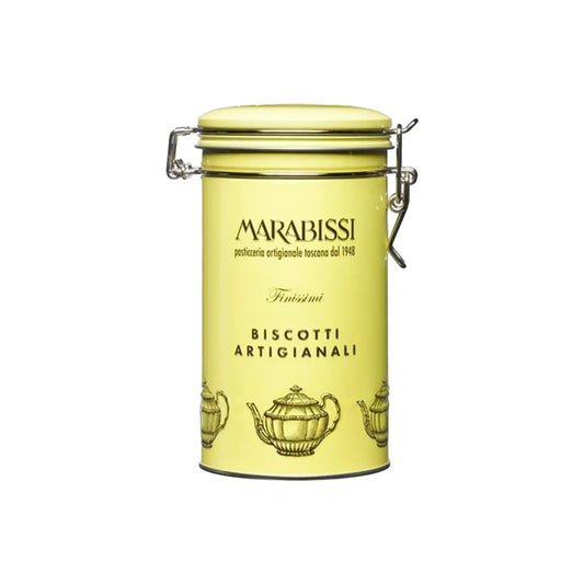 Marabissi Cantucci with Lemon Peels in a yellow decorative tin canister, 150g.
