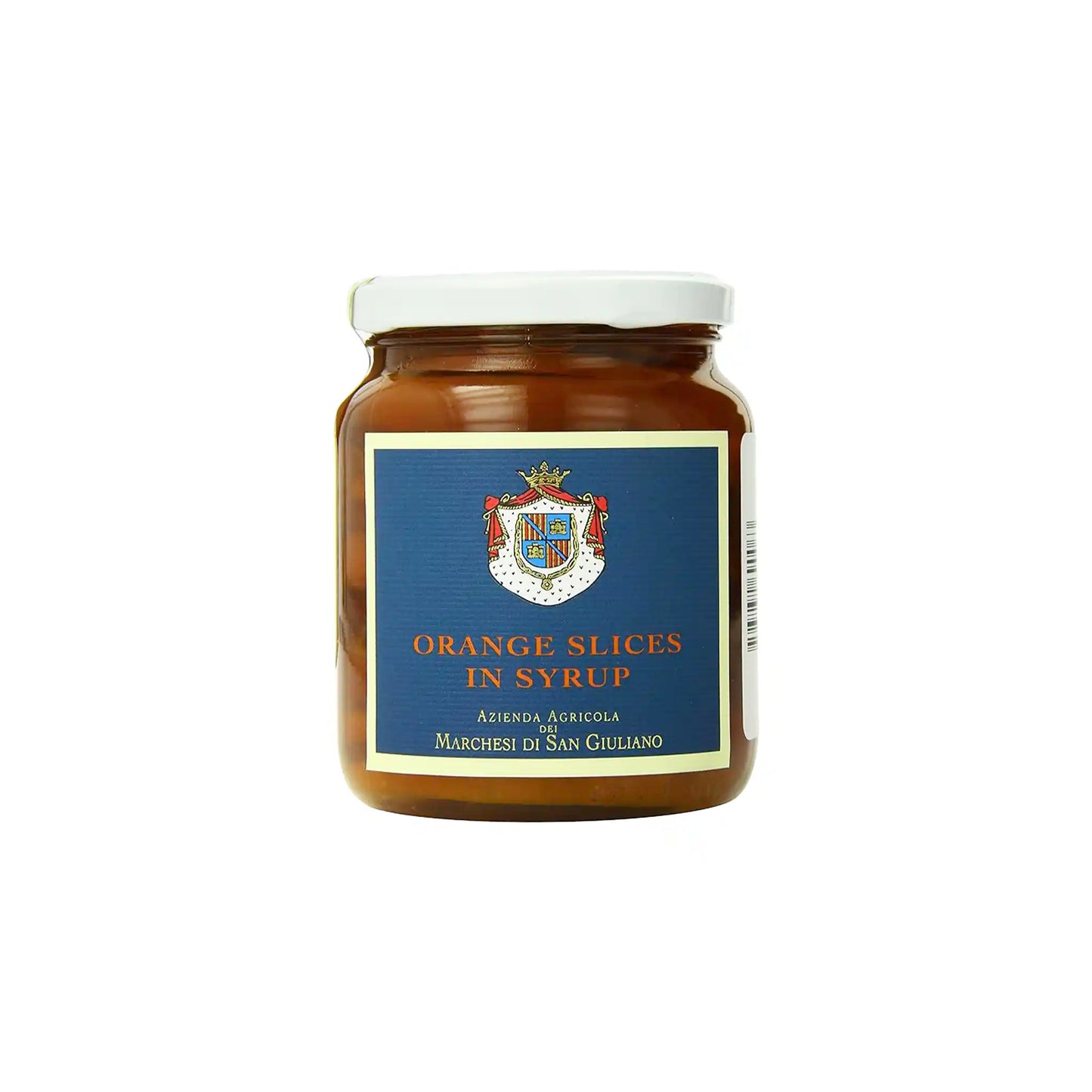 Marchesi di San Giuliano orange slices in syrup in a 460g glass jar with a blue label and family crest.