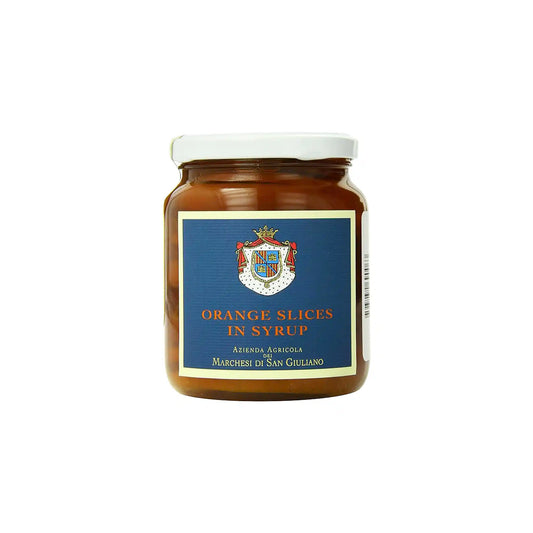 Marchesi di San Giuliano orange slices in syrup in a 460g glass jar with a blue label and family crest.