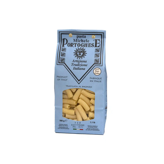 Pasta Michele Portoghese bronze die maccheroni, artisan Italian tradition, 500g blue package.