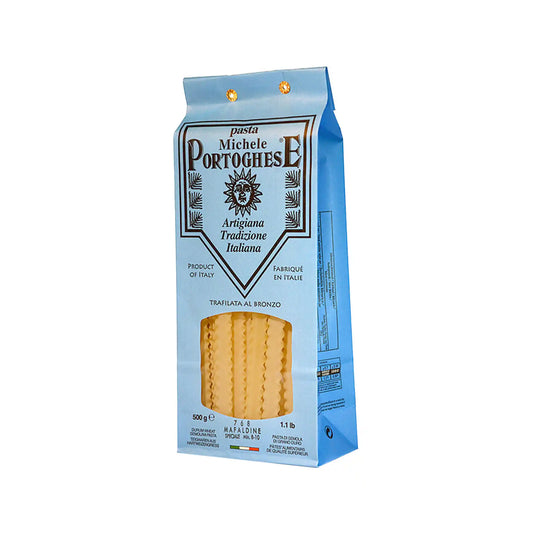 Pasta Michele Portoghese bronze die mafaldine, artisan Italian tradition, 500g blue package.