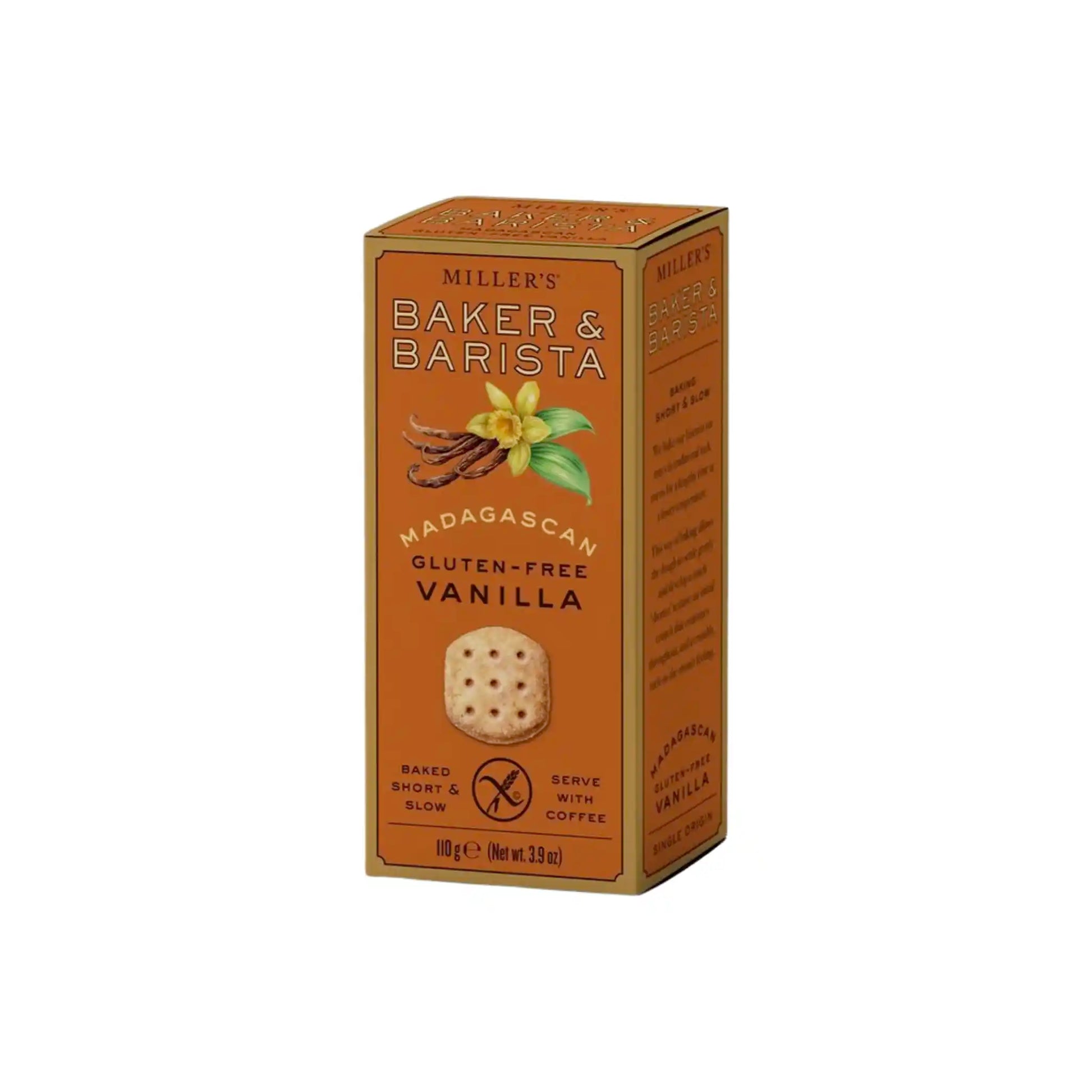 Miller's Baker & Barista Madagascan gluten-free vanilla shortbread cookies in orange packaging with vanilla flower illustration.