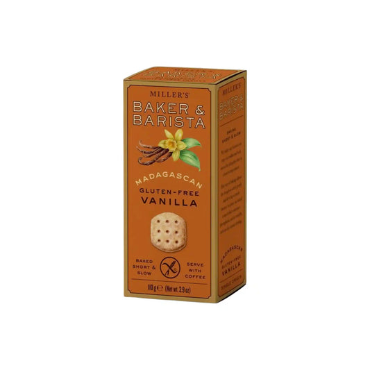 Miller's Baker & Barista Madagascan gluten-free vanilla shortbread cookies in orange packaging with vanilla flower illustration.