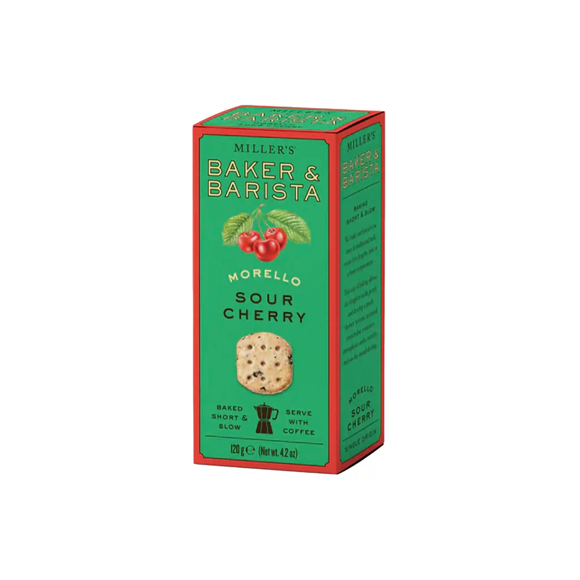 Miller's Baker & Barista Morello sour cherry shortbread cookies in green and red packaging with cherry illustration.