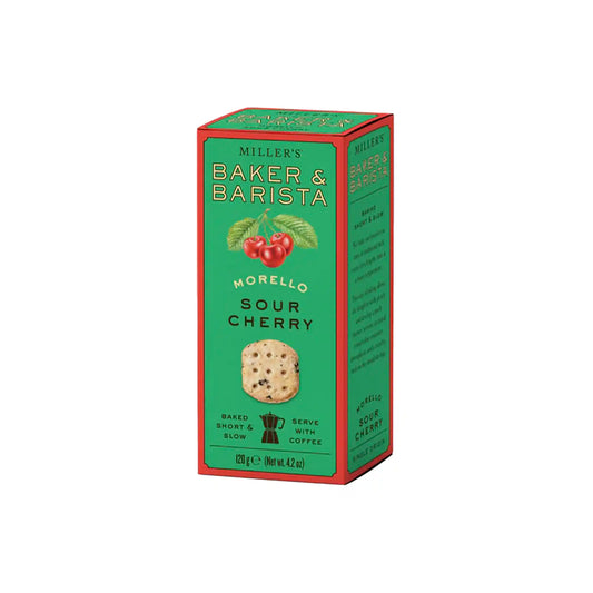 Miller's Baker & Barista Morello sour cherry shortbread cookies in green and red packaging with cherry illustration.