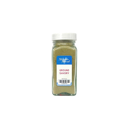 Monsieur Marcel ground savory spice in a 2oz glass jar with white cap.