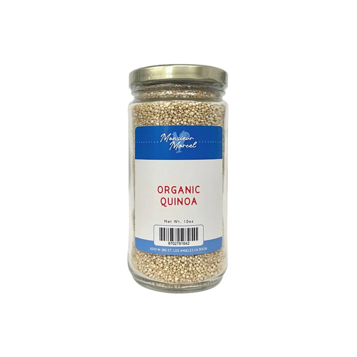 Monsieur Marcel organic quinoa in a clear 10oz glass jar with blue label.