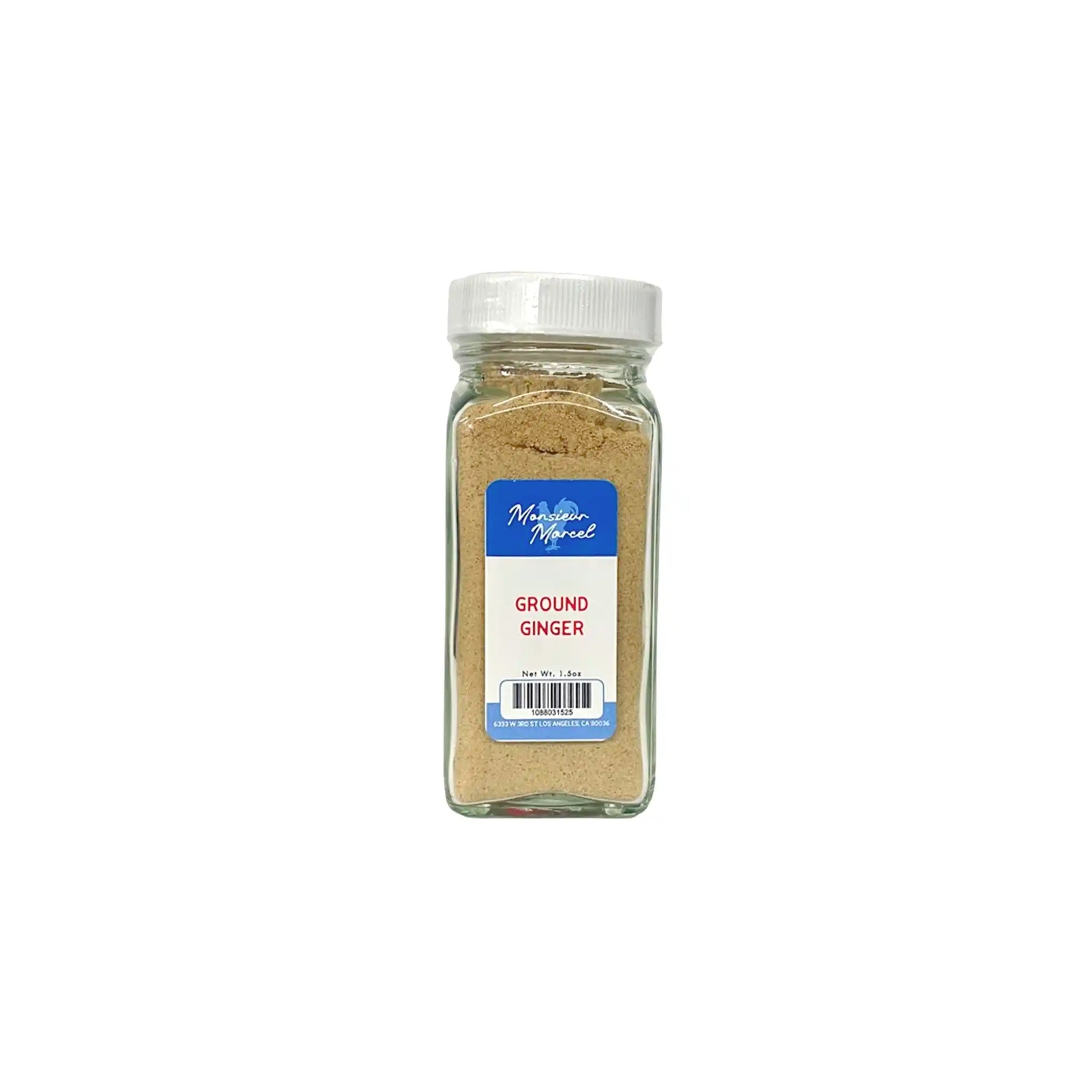 Monsieur Marcel ground ginger in a clear glass spice jar with white cap.