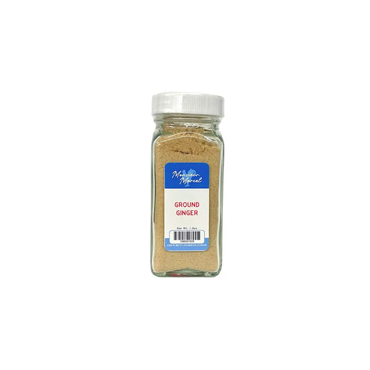 Monsieur Marcel ground ginger in a clear glass spice jar with white cap.