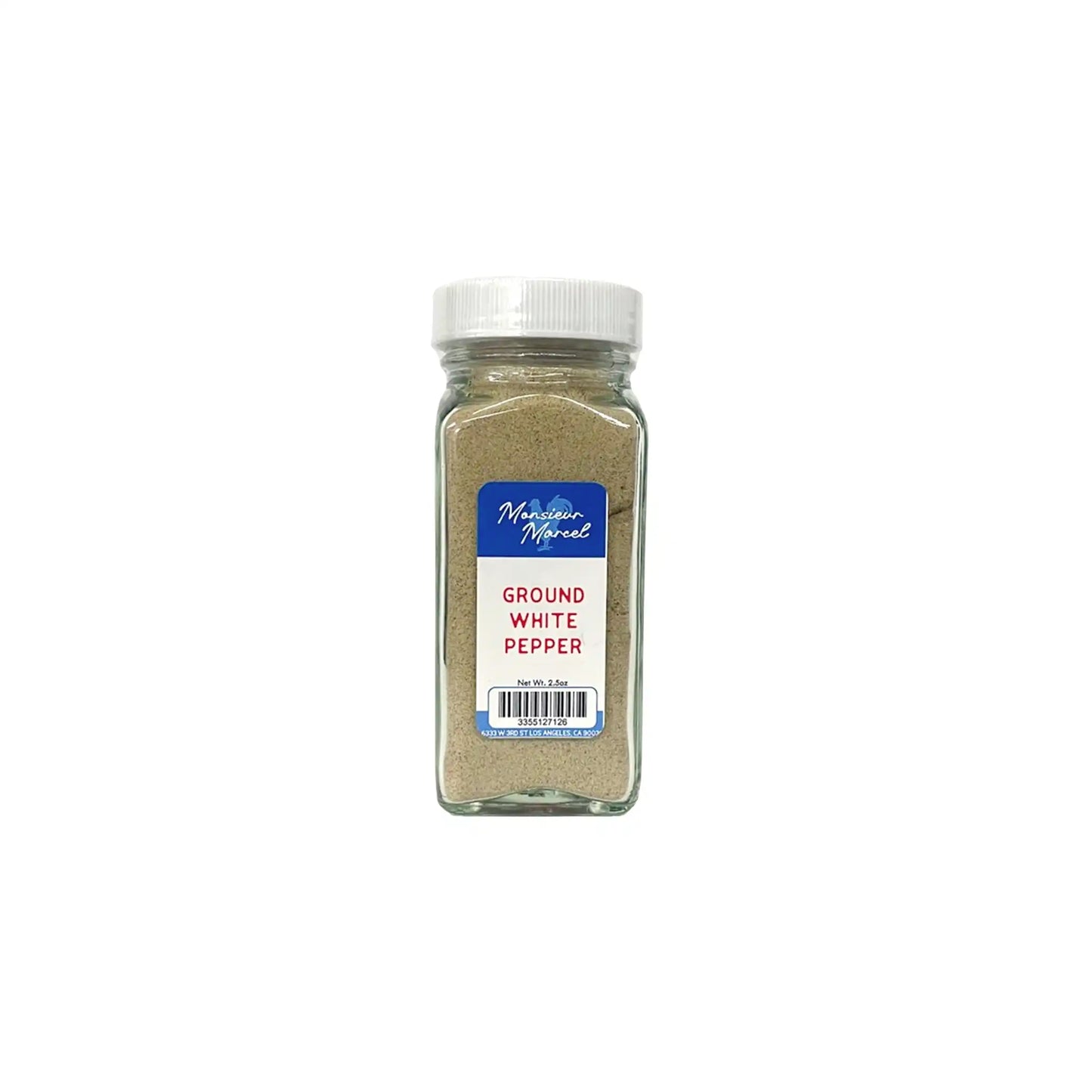 Monsieur Marcel ground white pepper in a 2.5oz glass jar with white cap.