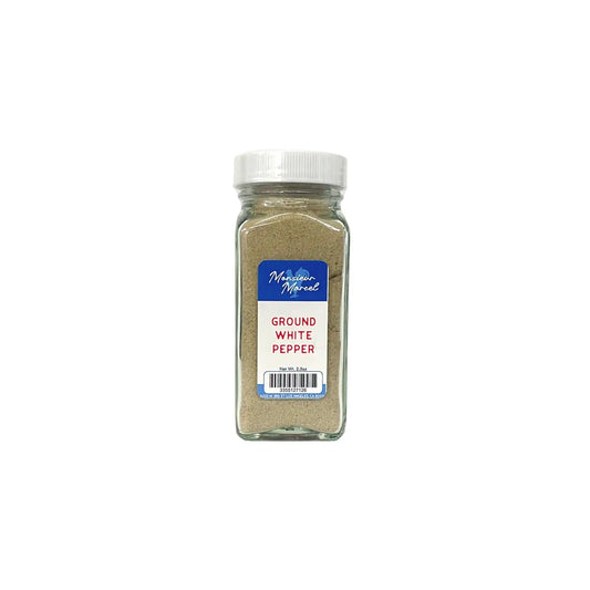 Monsieur Marcel ground white pepper in a 2.5oz glass jar with white cap.