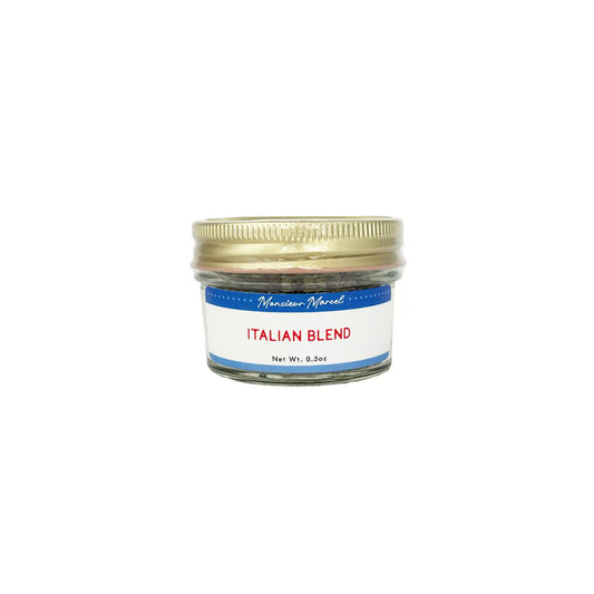 Monsieur Marcel Italian Blend seasoning in a small glass jar with gold lid, 2.5oz.