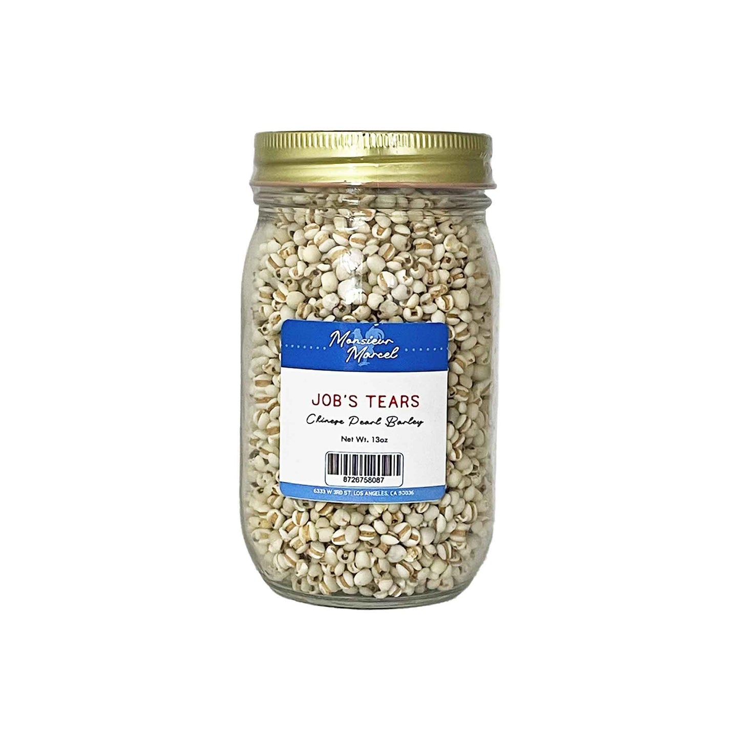 Monsieur Marcel Job's Tears Chinese pearl barley grains in a 13oz glass jar.