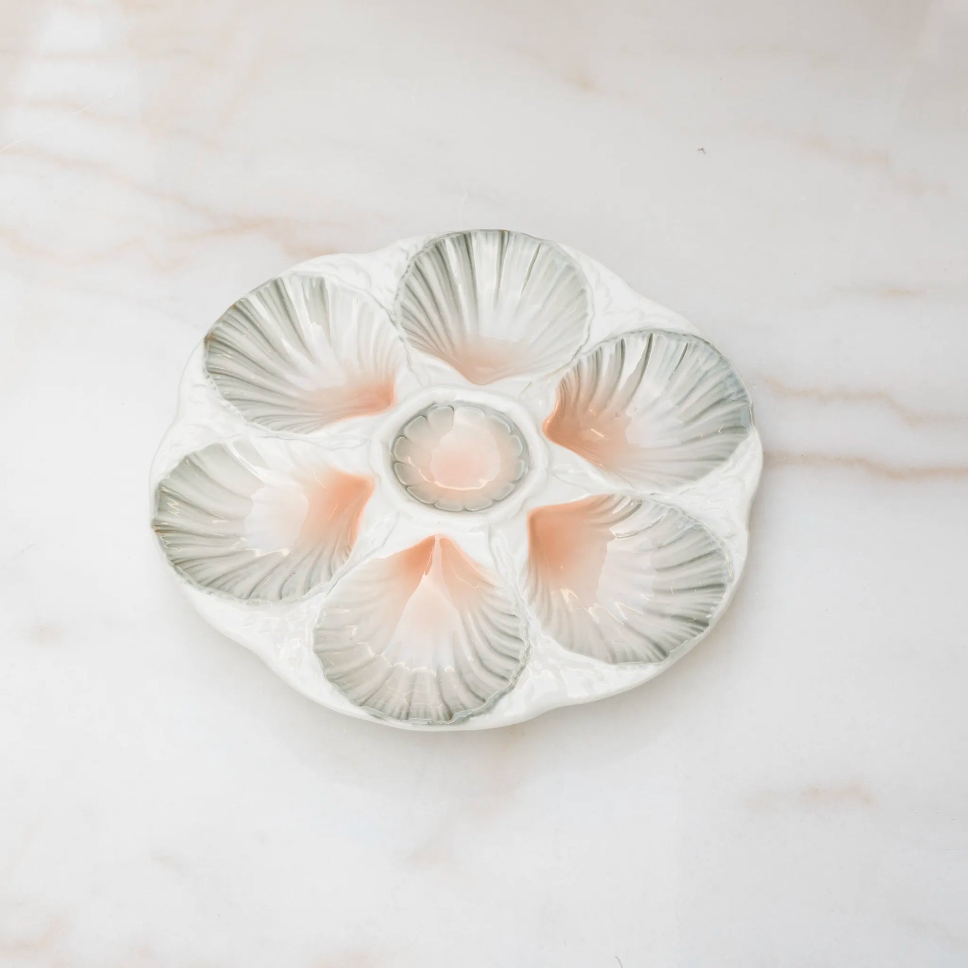 Majolica Sarreguemines oyster plate with colorful ceramic wells