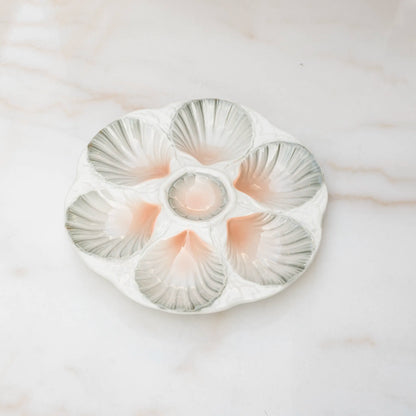 Majolica Sarreguemines oyster plate with colorful ceramic wells