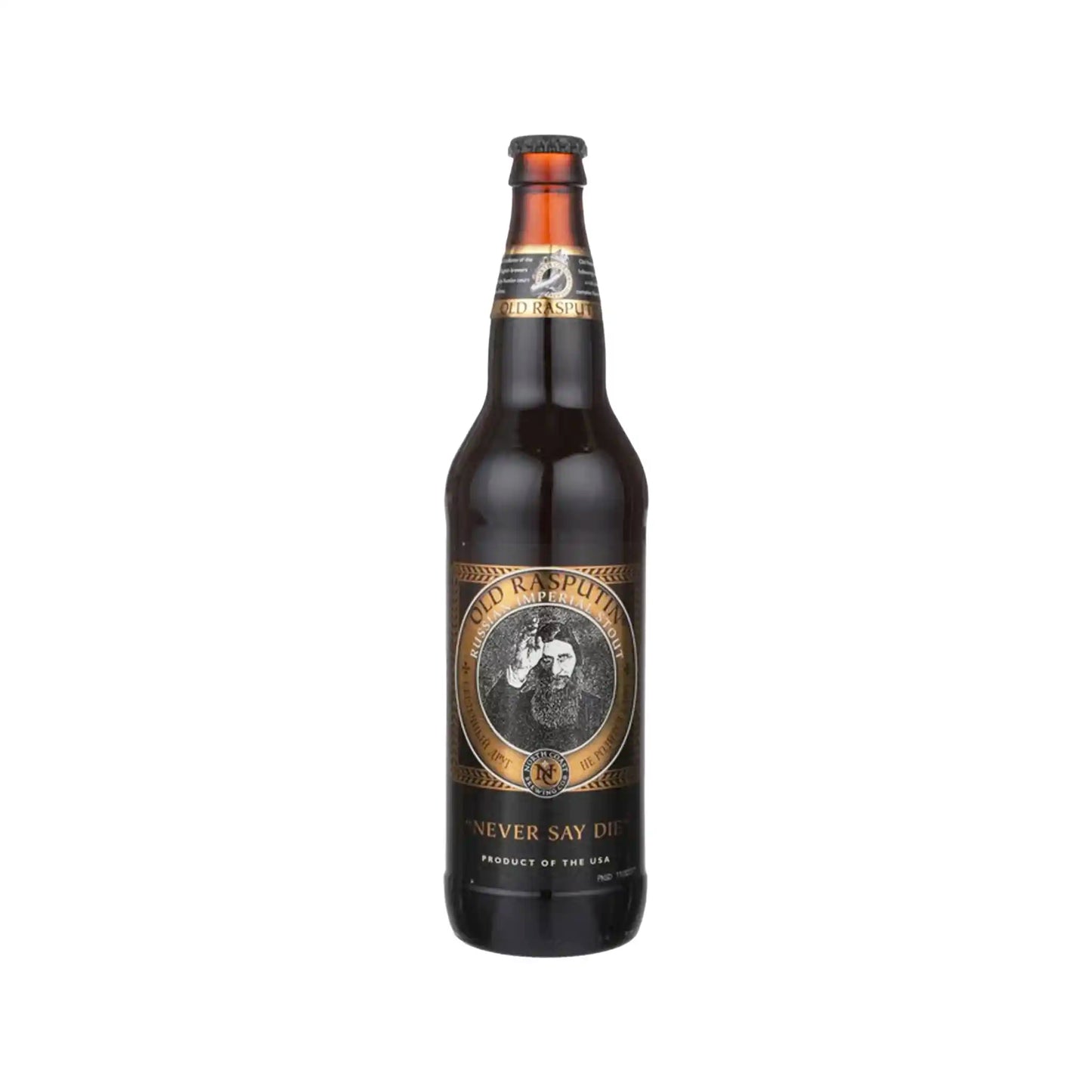 North Coast Brewing Old Rasputin Russian imperial stout in a 22oz dark bottle with classic portrait label.