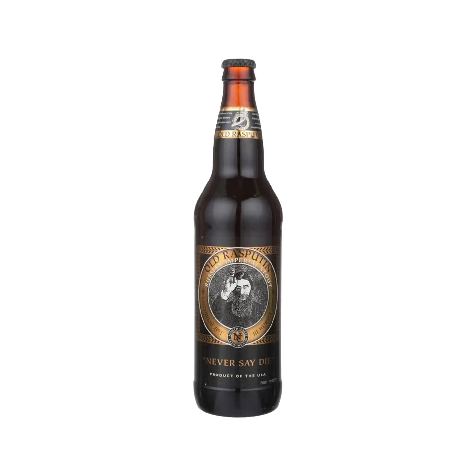 North Coast Brewing Old Rasputin Russian imperial stout in a 22oz dark bottle with classic portrait label.
