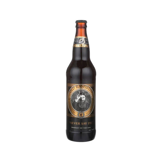North Coast Brewing Old Rasputin Russian imperial stout in a 22oz dark bottle with classic portrait label.