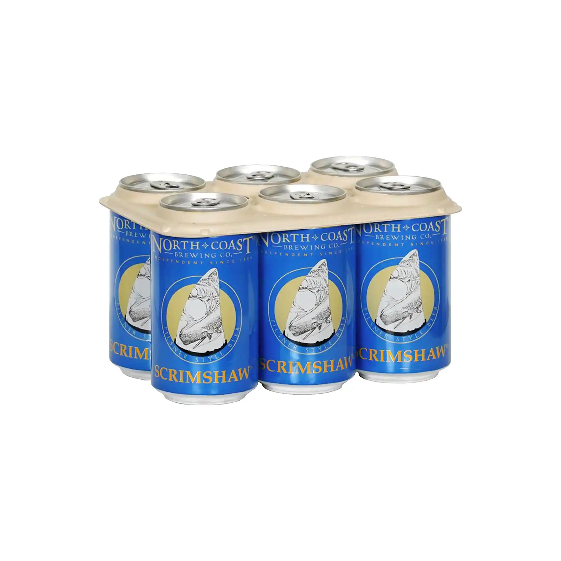 North Coast Brewing Scrimshaw pilsner 6-pack of 12oz blue cans with nautical whale illustration.