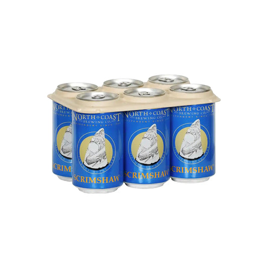 North Coast Brewing Scrimshaw pilsner 6-pack of 12oz blue cans with nautical whale illustration.