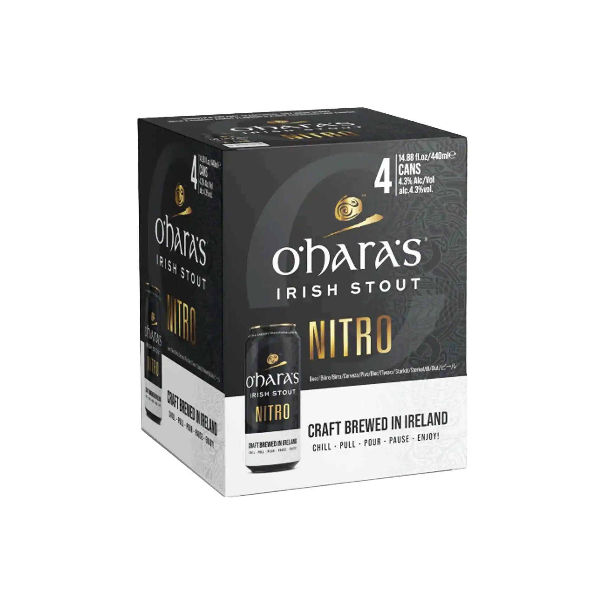 O'Hara's Irish stout nitro 4-pack of 440ml cans in black and gold packaging, craft brewed in Ireland.