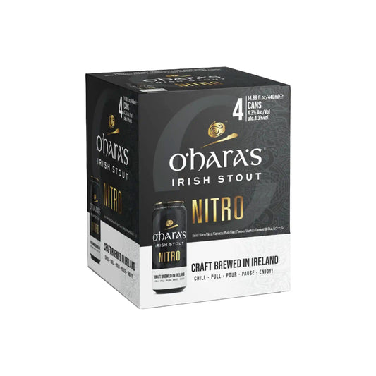 O'Hara's Irish stout nitro 4-pack of 440ml cans in black and gold packaging, craft brewed in Ireland.
