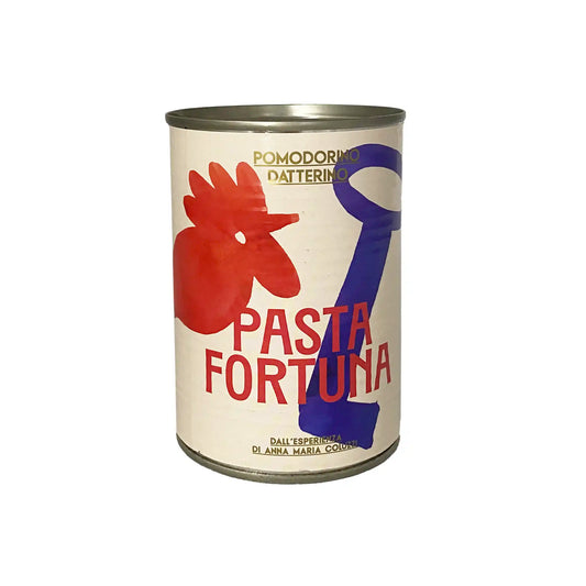 Pasta Fortuna Pomodorino Datterino datterini tomatoes can with red rooster graphic design, 400g.