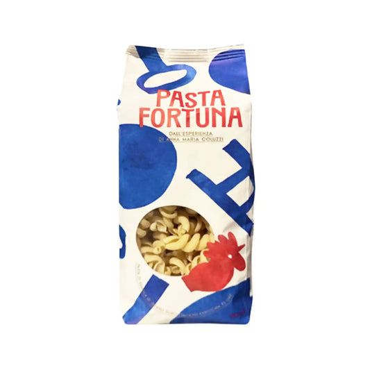 Pasta Fortuna trecce spiral pasta in a blue and red graphic designed bag, 500g.