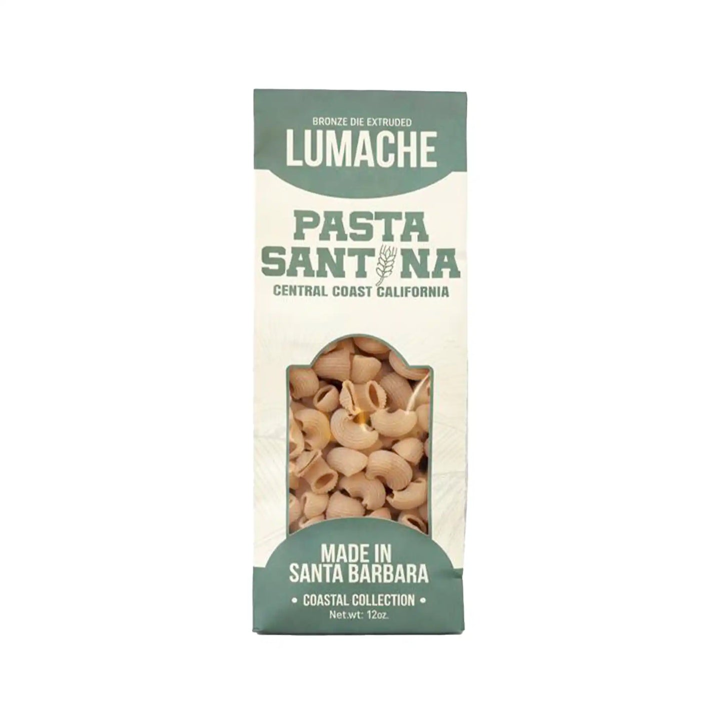 Pasta Santina bronze die extruded lumache pasta 12oz bag, made in Santa Barbara, California.