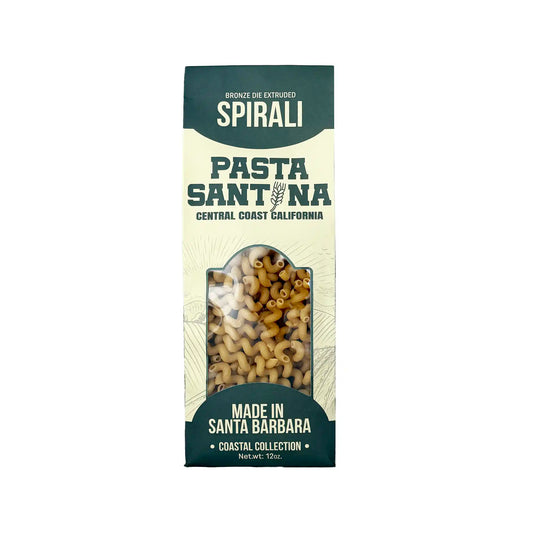 Pasta Santina bronze die extruded spirali pasta 12oz bag, made in Santa Barbara, California.