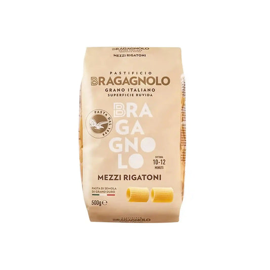 Pastificio Bragagnolo mezzi rigatoni Italian pasta made with Italian grain, 500g package.