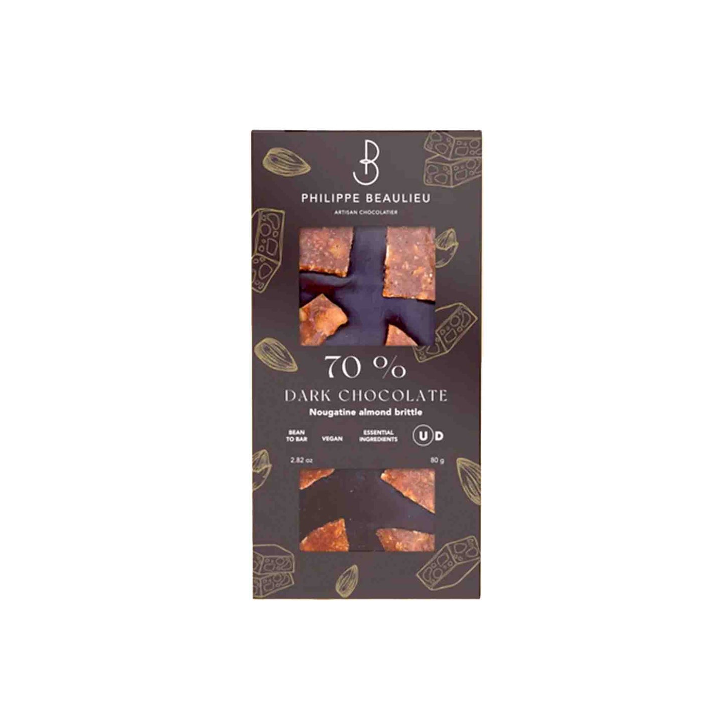 PHILIPPE BEAULIEU 70% DARK CHOCOLATE WITH NOUGATINE ALMOND BRITTLE 80g