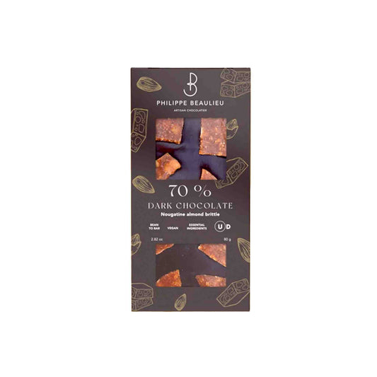 PHILIPPE BEAULIEU 70% DARK CHOCOLATE WITH NOUGATINE ALMOND BRITTLE 80g