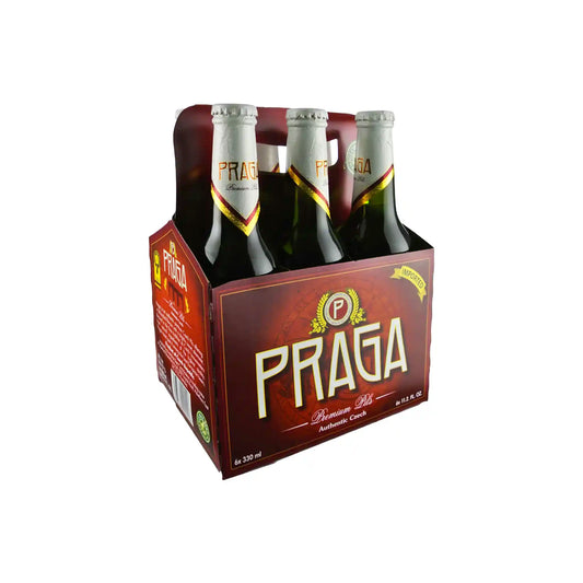 Praga Premium Pils authentic Czech beer 6-pack of 11.2oz bottles in a red carrier.