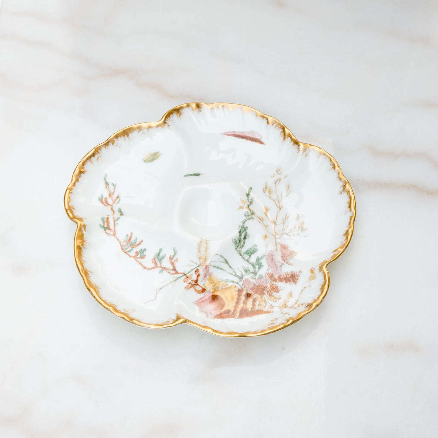 Limoges oyster plate with peach conch shell motif and gilded rim