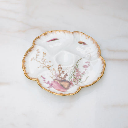 Limoges oyster plate front featuring pink conch shell center