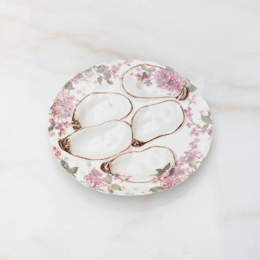 VINTAGE LIMOGES OYSTER PLATE 19TH CENTURY - PINK & GREEN FLORAL