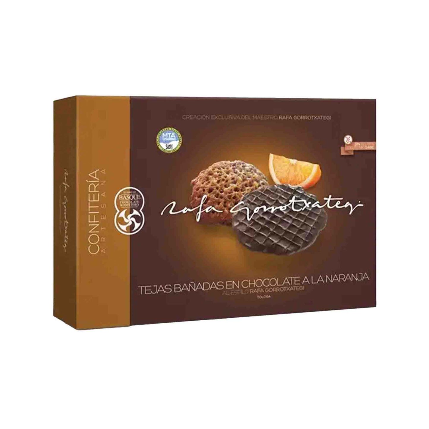 RAFA GORROTXATEGI ALMOND TILES DIPPED IN ORANGE DARK CHOCOLATE 150g