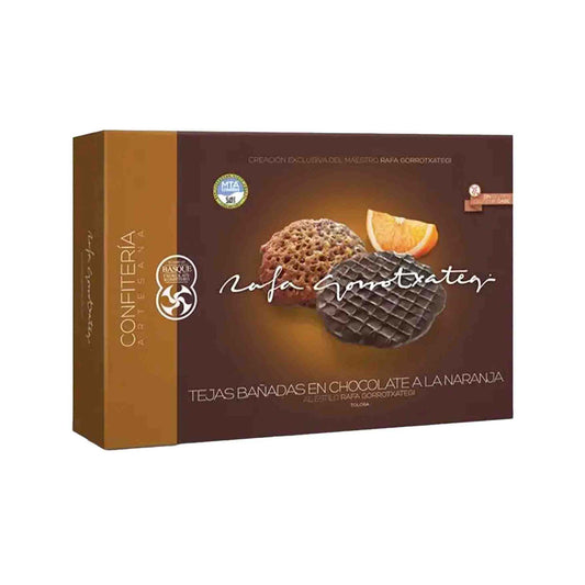 RAFA GORROTXATEGI ALMOND TILES DIPPED IN ORANGE DARK CHOCOLATE 150g