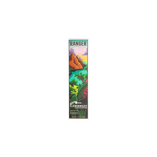 Ranger Caribbean chocolate bar 32g with colorful tropical artwork on a white background.